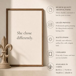 She Chose Differently Print | Intentional Living Wall Art for Women | Paris Inspired Typography | Minimalist Home Decor afbeelding 6