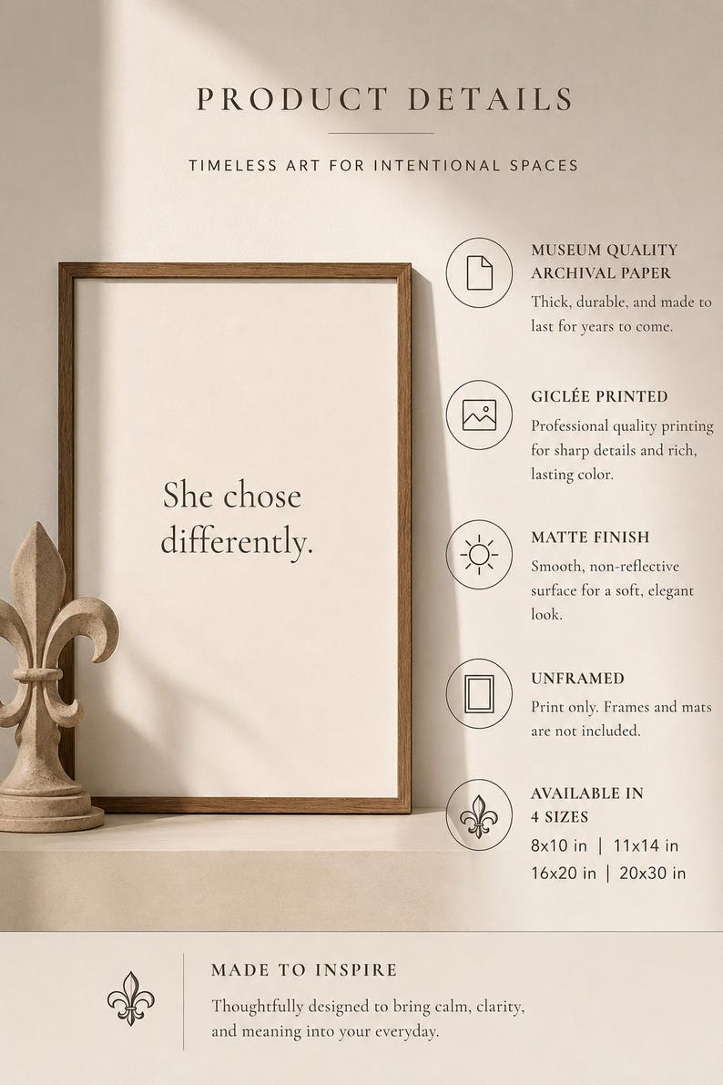 She Chose Differently Print | Intentional Living Wall Art for Women | Paris Inspired Typography | Minimalist Home Decor afbeelding 6