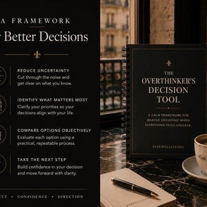 May include: A black spiral-bound notebook titled The Overthinker's Decision Tool with gold text and a fleur-de-lis icon. The cover features the text A Framework for Better Decisions, Reduce Uncertainty, Identify What Matters Most, Compare Options Objectively, and Take the Next Step.