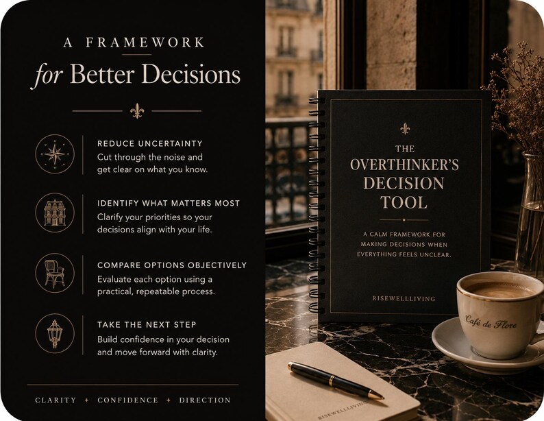 May include: A black spiral-bound notebook titled The Overthinker's Decision Tool with gold text and a fleur-de-lis icon. The cover features the text A Framework for Better Decisions, Reduce Uncertainty, Identify What Matters Most, Compare Options Objectively, and Take the Next Step.