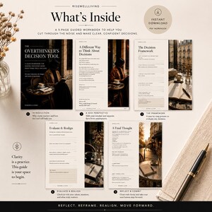 May include: A 5-page guided workbook titled The Overthinker's Decision Tool, featuring sections on decision-making frameworks, perspective shifts, and reflection exercises. The pages include text, fillable lines, and photographic imagery of cafe settings.