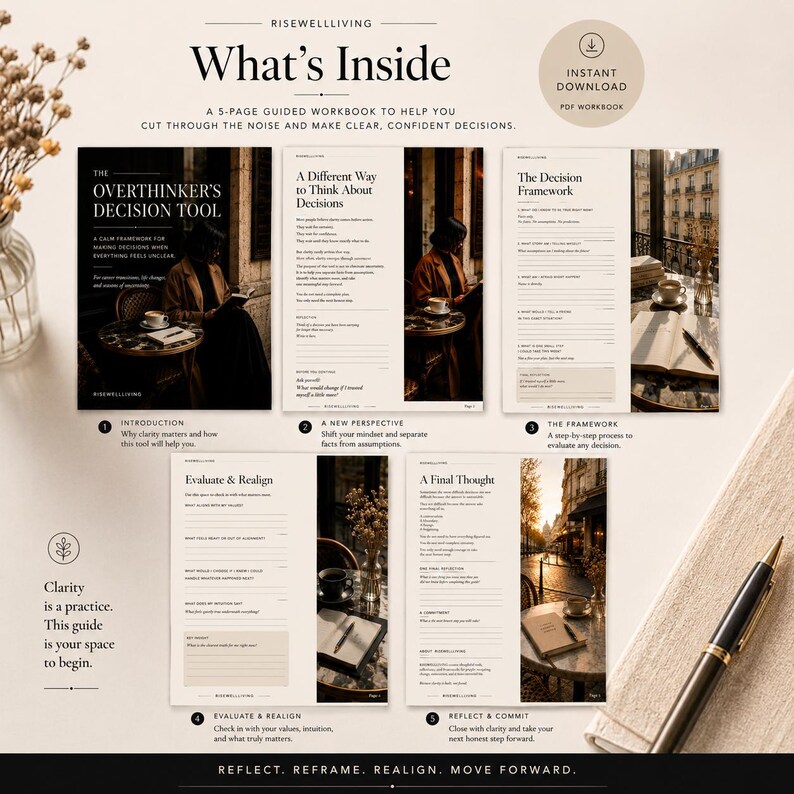 May include: A 5-page guided workbook titled The Overthinker's Decision Tool, featuring sections on decision-making frameworks, perspective shifts, and reflection exercises. The pages include text, fillable lines, and photographic imagery of cafe settings.