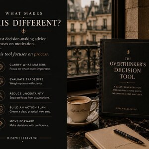 May include: A black spiral-bound notebook titled The Overthinker's Decision Tool with white text, accompanied by a coffee cup and a pen on a notebook. The left side features a list of steps including Clarify What Matters and Evaluate Tradeoffs.