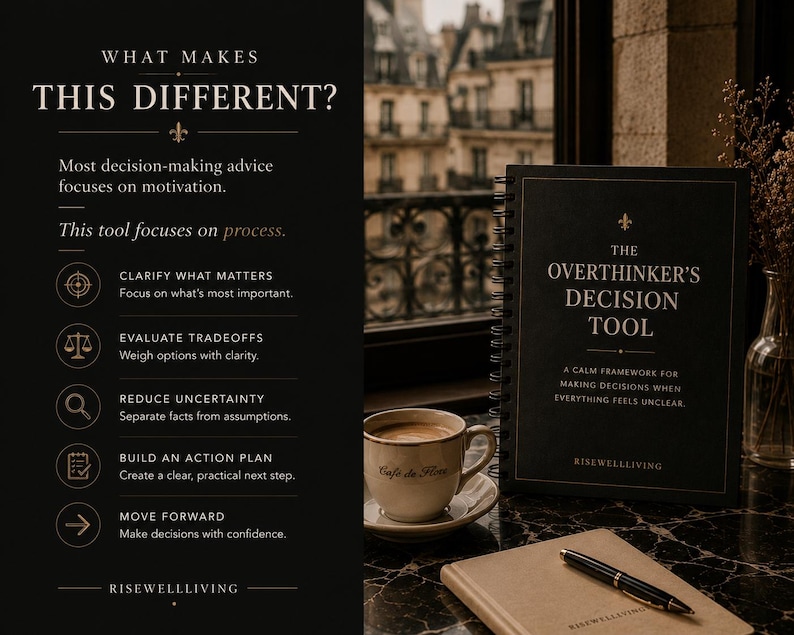May include: A black spiral-bound notebook titled The Overthinker's Decision Tool with white text, accompanied by a coffee cup and a pen on a notebook. The left side features a list of steps including Clarify What Matters and Evaluate Tradeoffs.