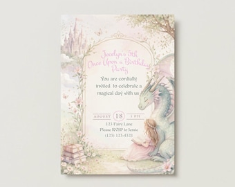 Fairytale Birthday Invitation, Princess Dragon Party, Pastel Storybook Invite (Digital Download)