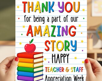 Flyer de la semaine de l'appréciation des enseignants sur le thème du livre de contes, enseigne Merci d'avoir fait partie de notre histoire, impression instantanée 8 x 10