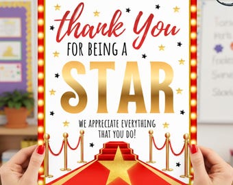 Panneau imprimable de la semaine d'appréciation des enseignants d'Hollywood, appréciation des enseignants, des infirmières et des infirmiers du personnel des employés, merci d'avoir été une vedette, 8 x 10