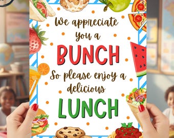 Letrero de agradecimiento por el almuerzo. "Les agradecemos mucho. Disfruten de un delicioso almuerzo". Póster de la Semana del Maestro. Impresión instantánea (8 x 10).