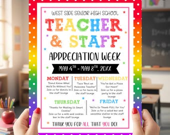 Folleto con el itinerario de la Semana de Agradecimiento al Maestro, cartel con las actividades de la Semana de Agradecimiento al Personal y Maestros de Rainbow, descarga digital.