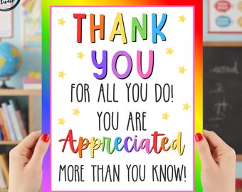 Letrero imprimible de agradecimiento para maestros, enfermeras, personal de la PTO, empleados y voluntarios, de 8 x 10 pulgadas.