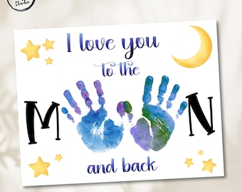I Love You To The Moon Kids School Printable Craft, Mother's Day Father's Day Handprint Art Activity, Digital Download