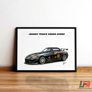 Op de afbeelding: Een ingelijste illustratie van een donkergroene Honda S2000 sportwagen. De auto heeft aangepaste graphics, waaronder gele sneeuwvlokken. De tekst "JOHNNY TRAN'S HONDA S2000" staat boven de auto.