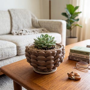 May include: A decorative brown ceramic planter with a textured, layered design, holding a green succulent plant. The planter sits on a wooden table, alongside books, glasses, and a small fox figurine.