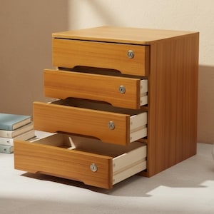 May include: A small, wooden four-drawer cabinet with a warm, light brown finish. Three drawers are partially open, revealing the interior. Each drawer has a small, round keyhole and a simple handle. The cabinet is designed for storage.