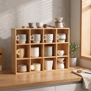 May include: A wooden display unit showcasing a collection of ceramic mugs, cups, and coffee accessories. The mugs display diverse patterns, such as stripes, polka dots, and geometric designs. The unit is on a wooden countertop.