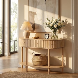 May include: A light wood console table with three drawers featuring a vertical ribbed texture, a lower shelf, and four cylindrical legs. On top sits a pleated lamp, a small bowl, a glass vase with white roses, and a black analog alarm clock.