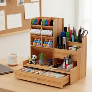 Puede incluir: Un organizador de escritorio de madera con múltiples compartimentos y un cajón, que contiene bolígrafos, rotuladores y otros útiles de oficina. El organizador es de madera clara y presenta varias secciones para almacenamiento, incluido un cajón con un pomo transparente.