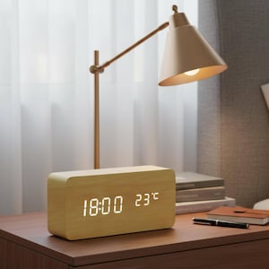 Wooden Alarm Clock Voice Control Digital Display Temperature Reading Time Date Modern Design Desk Accessory Bedroom Decor Minimalist Style