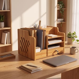 Könnte beinhalten: Ein hellbrauner Schreibtisch-Organizer aus Holz mit vertikalen Fächern für Dokumente, mehreren horizontalen Ablagen für Papier, einem kleinen Stiftehalter und einer abschließbaren Schublade mit einem eingesteckten silbernen Schlüssel.