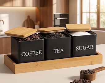 Kitchen Canister Set Coffee Canister Tea Storage Sugar Container Metal Bamboo Lid Jar Countertop Organizer Black White Modern Holder
