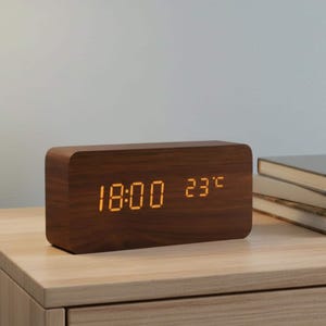 Wooden Alarm Clock Voice Control Digital Display Temperature Reading Time Date Modern Design Desk Accessory Bedroom Decor Minimalist Style