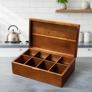 Wooden Tea Organizer Box Storage Solution Kitchen Counter Display Cabinet Holder Beverage Station Rustic Design Elegant Compartment Sorting