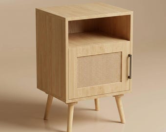 Rattan Nightstand Drawer Storage Cabinet Bedroom Furniture Bedside Table Wood Boho Organizer Men Gift Idea Modern Design Solid Construction