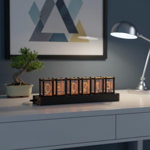 Tube Clock Rgb Glow Digital Display Led Technology Desk Accessory Wooden Base Nightstand Timepiece Modern Design Retro Aesthetic Gift