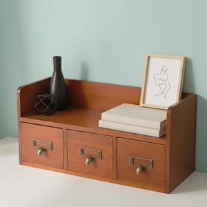 Organizador de escritorio vintage, solución de almacenamiento con cajones de madera, caja de escritorio de pino, accesorio rústico múltiple para el hogar, soporte para artículos de papelería retro.
