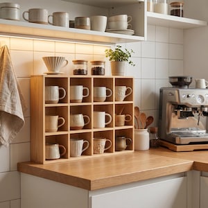 May include: A wooden shelf unit filled with various ceramic mugs in neutral tones. The mugs have different designs and sizes. A coffee machine and other kitchen items are also visible.