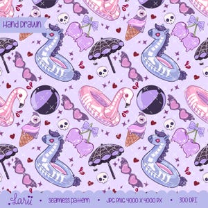 May include: A seamless pattern featuring hand-drawn illustrations of a skeleton unicorn float, flamingo float, beach ball, ice cream cone, cherries, sunglasses, and a spider umbrella on a lavender background. The text "Hand Drawn" and "Larii" are visible.