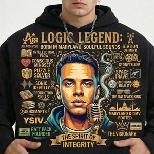 Puede incluir: Sudadera con capucha negra con un retrato estilizado y el texto "A Logic Legend". El diseño incluye un micrófono, notas musicales e iconos. También se muestra la frase "The Spirit of Integrity".