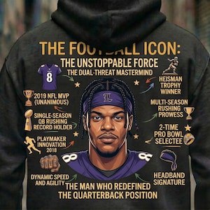 Può includere: Felpa con cappuccio nera con un ritratto di un giocatore di football con una fascia viola. Il testo include "THE FOOTBALL ICON" e "THE UNSTOPPABLE FORCE". Ulteriori testi evidenziano risultati come "2019 NFL MVP".