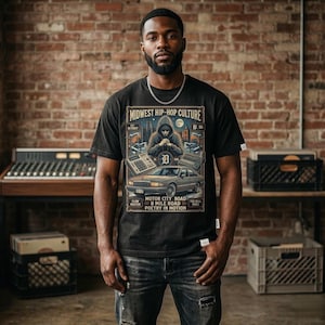 May include: Black t-shirt with a graphic design featuring the text "MIDWEST HIP-HOP CULTURE" and an illustration of a hooded figure, a car, and music equipment. The shirt is worn by a person in front of a brick wall.