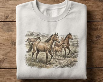 Vintage Shirt Wild Horses Tee Sweatshirt Hoodie Unisex Cottagecore Western Equestrian Mare And Foal Graphic Retro Nature Animal Lover Gift