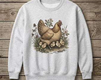 Vintage Shirt Chicken Hen Chicks Tee Sweatshirt Hoodie Unisex Cottagecore Farmhouse Botanical Graphic Crewneck Retro Mother Nature Lover