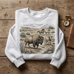 May include: A light gray crewneck sweatshirt featuring a detailed illustration of a bison, a longhorn cow, and two horses in a rural landscape with a small cabin. The graphic is rendered in muted earth tones, depicting a vast field with plants.