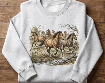 Vintage Shirt Running Horses Tee Sweatshirt Hoodie Unisex Western Cottagecore Wild Herd Graphic Crewneck Retro Nature Wild Horse Lover Gift