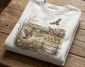 Vintage Shirt Quail Deer Tee Sweatshirt Hoodie Unisex Cottagecore Farmhouse Landscape Hawk Graphic Crewneck Retro Country Nature Lover Gift