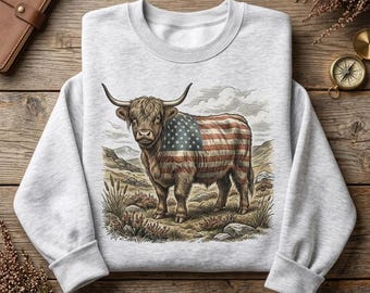 Vintage Shirt Patriotic Highland Cow Tee Sweatshirt Hoodie Unisex American Flag Cow Graphic Crewneck Retro Fourth Of July USA Farmer Gift
