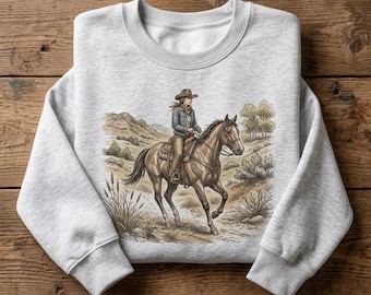 Vintage Shirt Cowgirl Riding Horse Tee Sweatshirt Hoodie Unisex Western Equestrian Graphic Crewneck Country Retro Desert Horse Lover Gift