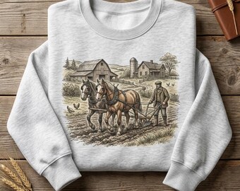 Vintage Shirt Plowing Horses Tee Sweatshirt Hoodie Unisex Western Farmhouse Landscape Graphic Crewneck Rural Country Retro Horse Lover Gift