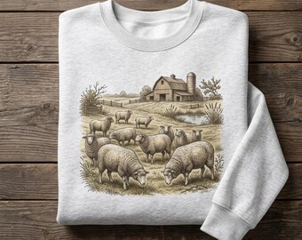Vintage Shirt Farm Sheep Tee Sweatshirt Hoodie Unisex Cottagecore Country Farmhouse Landscape Sketch Graphic Crewneck Nature Animal Lover