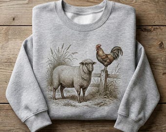 Vintage Shirt Sheep Rooster Tee Sweatshirt Hoodie Unisex Cottagecore Farmhouse Animals Graphic Crewneck Retro Country Nature Lover Gift