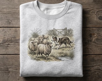 Vintage Shirt Border Collie Sheep Tee Sweatshirt Hoodie Unisex Cottagecore Pastoral Herd Dog Graphic Crewneck Retro Nature Animal Lover Gift