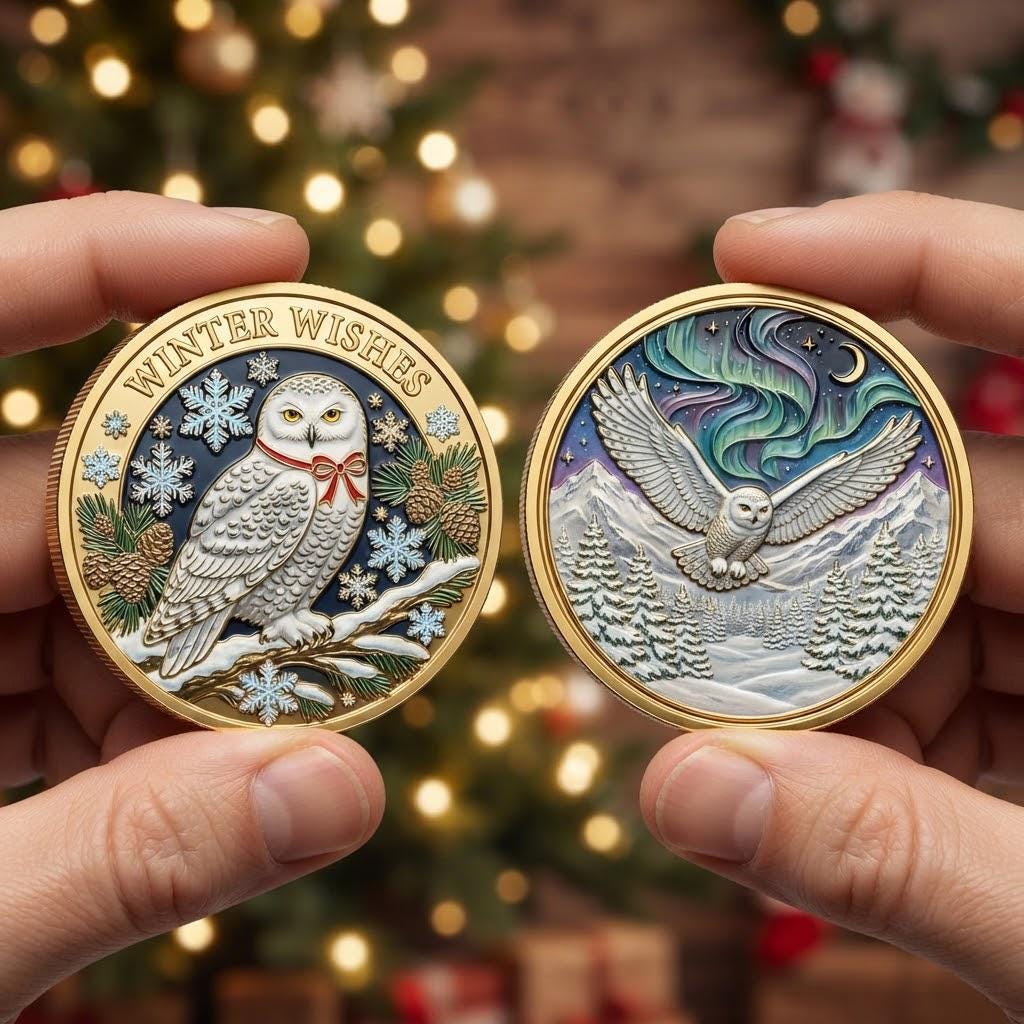 Winter Wishes Challenge Coin Snowy Owl Decor Custom Keepsake Gift for Family Xmas Holiday
