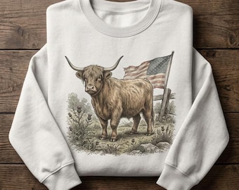 Vintage Shirt Patriotic Highland Cow Tee Sweatshirt Hoodie Unisex American Flag Cow Graphic Crewneck Retro Fourth Of July USA Farmer Gift