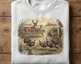 Vintage Shirt Forest Animals Tee Sweatshirt Hoodie Unisex Cottagecore Deer Turkey Fox Owl Graphic Crewneck Retro Woodland Nature Lover Gift