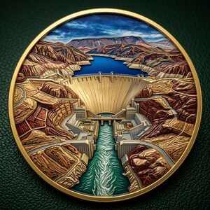 May include: A circular gold-toned commemorative coin featuring a detailed relief of the Hoover Dam. The design depicts the concrete dam structure, the blue reservoir water, and the surrounding brown rocky canyon landscape under a cloudy sky.