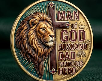 Man of God Dad Coin Lion Cross Faith Theme Pocket Token Keepsake Gift for Husband Father Fathers Day Birthday